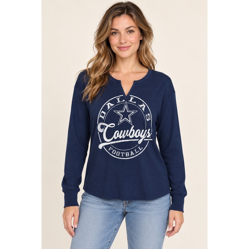 NFL Dallas Cowboys Navy Blue Waffle Knit Split Neck Long Sleeve Graphic Top L
